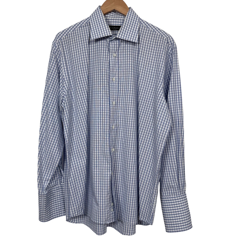 Canali Dress Shirt 43/17 Blue Gingham French Cuff Italian Quiet Luxury Preppy - Picture 3 of 16